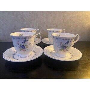 Vintage Nikko Blue Peony footed teacups and saucers set of 4 Made in Japan